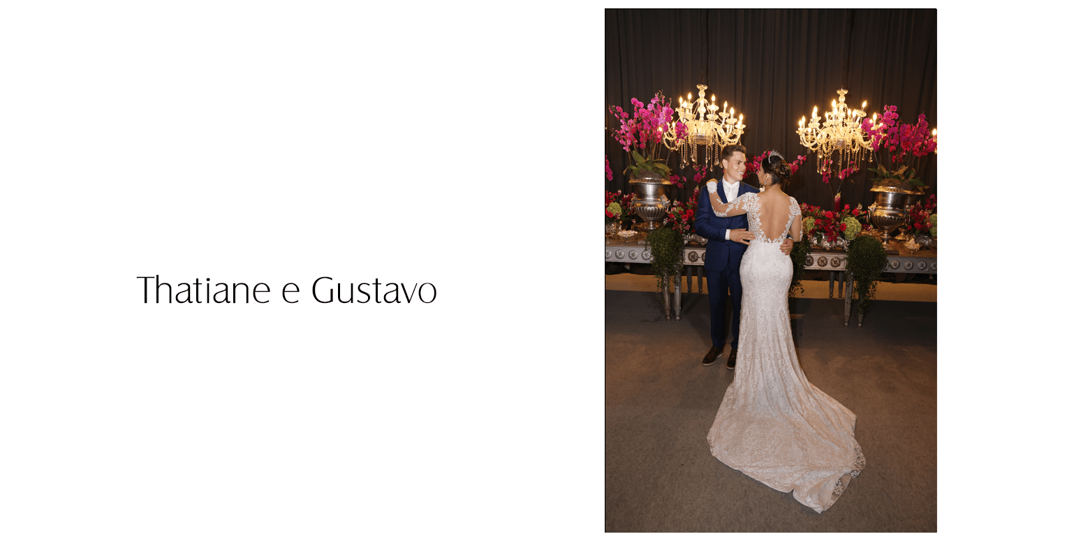 Deslumbrante e com brilho nos olhos, Thatiane vestiu um vestido de noiva sereia com mangas longas, inteiramente bordado com aplicações de rendas e arabescos, decote profundo na frente e nas costas. O charme final ficou por conta da mantilha bordada com a imagem de Nossa Senhora Aparecida, uma homenagem à sua devoção e gratidão.