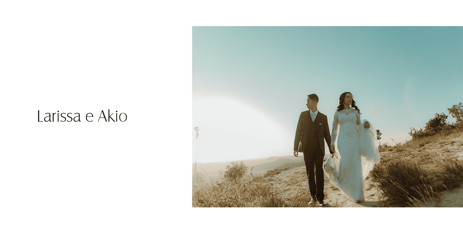 Larissa escolheu um vestido de noiva sereia, com decote coração, mangas longas, inteiramente coberto por renda rebordada extremamente diferenciado e elegante. A renda, rica em detalhes, trouxe imponência e sofisticação à peça, tornando-a única