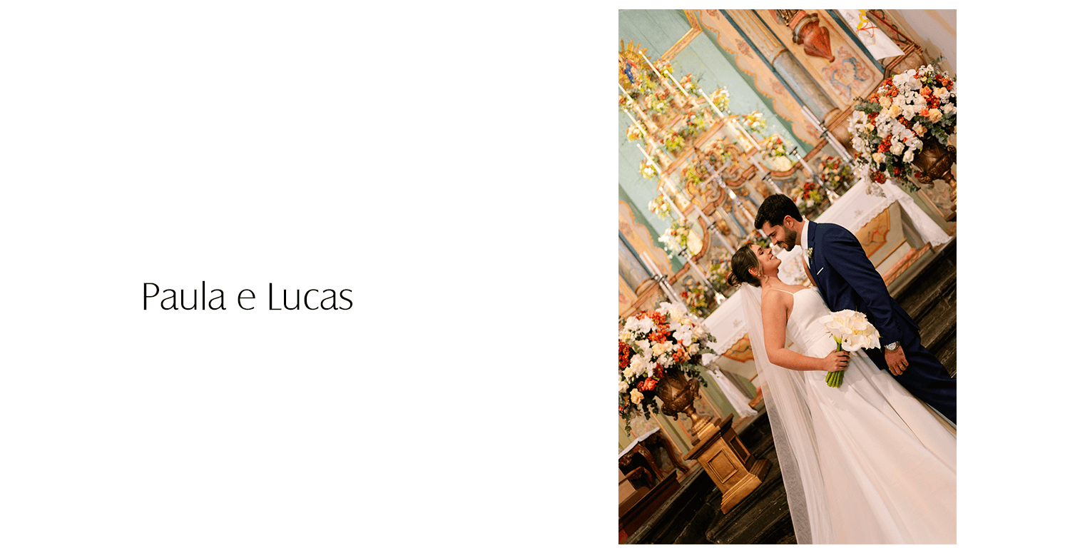 O modelo escolhido transmitia elegância e sofisticação em cada costura. Um vestido de noiva alfaiataria, minimalista, com decote reto, alças finas e saia fluida, que traduzia leveza e delicadeza. Ao entrar na igreja, Paula não conteve a emoção. Assim que a porta se abriu, as lágrimas começaram a escorrer. O beijo de seu pai simbolizou todo o sentimento vivido naquele exato momento. O carinho no olhar e no sorriso do noivo fez com que tudo se encaixasse, fazendo-a se sentir amada e belíssima em seu vestido de noiva.