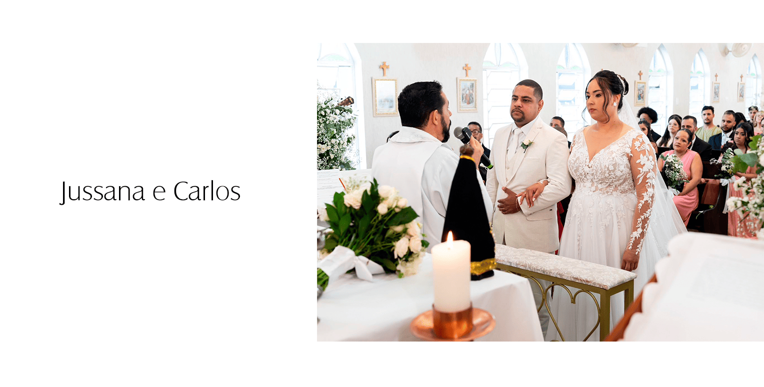 O vestido de noiva evasê, com mangas longas e inteiramente revestido por rendas rebordadas em formatos de flores e arabescos, encantou o coração de Jussana. Ao colocá-lo no corpo, não teve dúvidas de que aquele era a materialização do seu sonho.