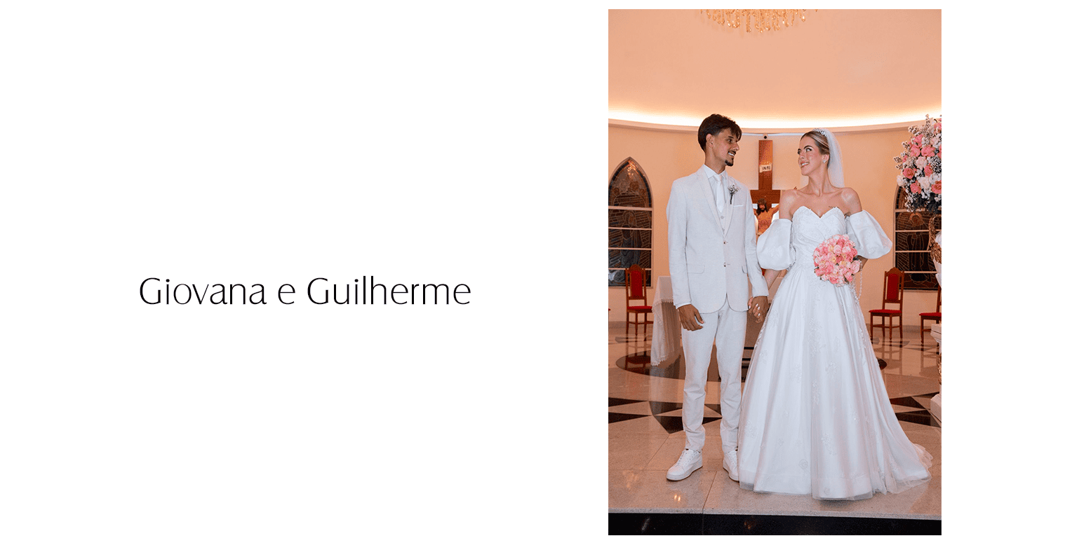 Giovana selecionou um vestido de noiva princesa, tomara que caia, com aplicações de rendas florais e arabescos por todo o vestido. O charme ficou por conta das mangas bufantes removíveis, que trouxeram ainda mais romantismo e sofisticação à produção.